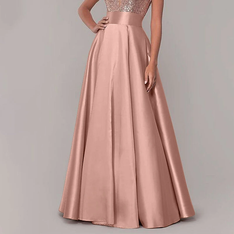 (image for)  Stylish Women High Waist A-line Long Skirts Summer OL Work Skirt Jupe Female Solid Party Maxi Skirts Faldas Saia