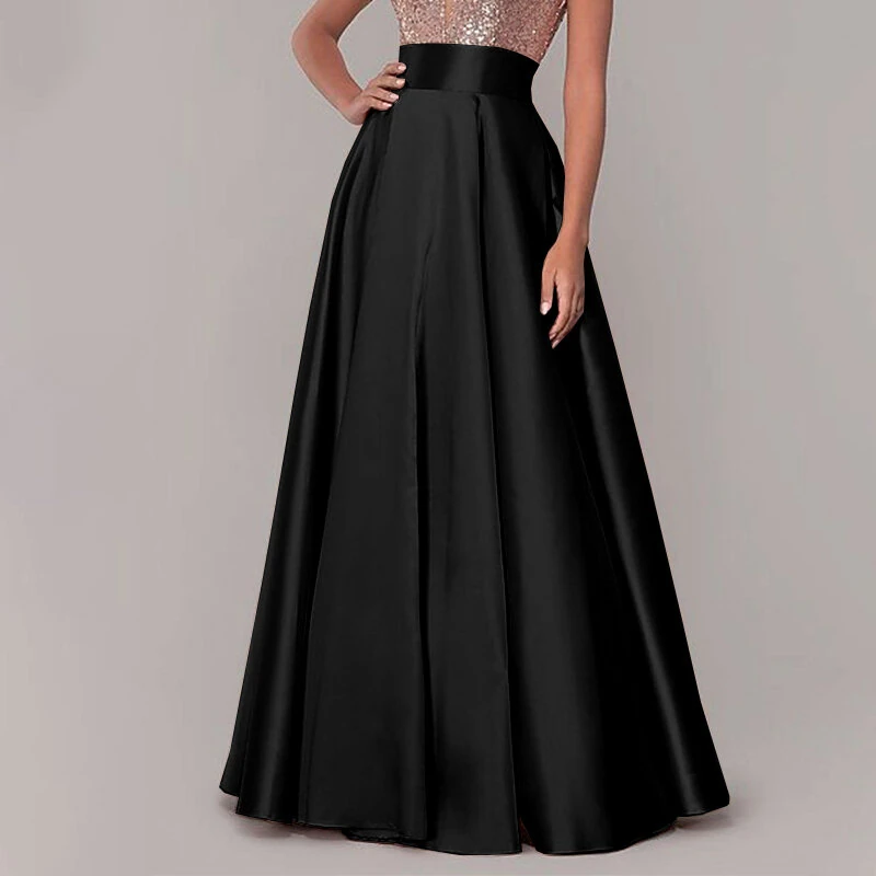 (image for)  Stylish Women High Waist A-line Long Skirts Summer OL Work Skirt Jupe Female Solid Party Maxi Skirts Faldas Saia