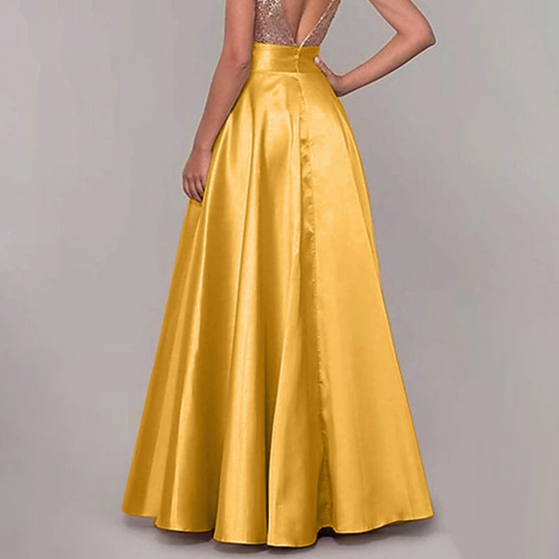 (image for)  Stylish Women High Waist A-line Long Skirts Summer OL Work Skirt Jupe Female Solid Party Maxi Skirts Faldas Saia
