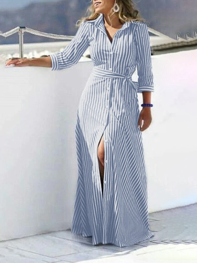 (image for)  Women 100% Cotton Classical Striped Print Lapel Button Front Lace-Up Casual Shirt Dress