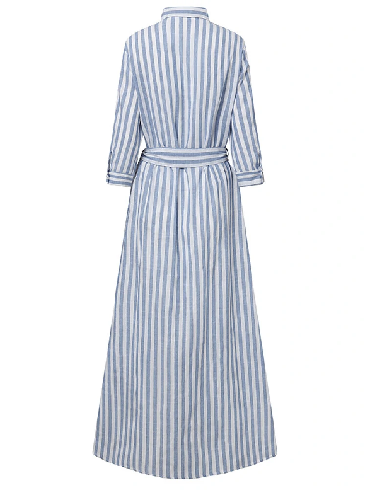 (image for)  Women 100% Cotton Classical Striped Print Lapel Button Front Lace-Up Casual Shirt Dress