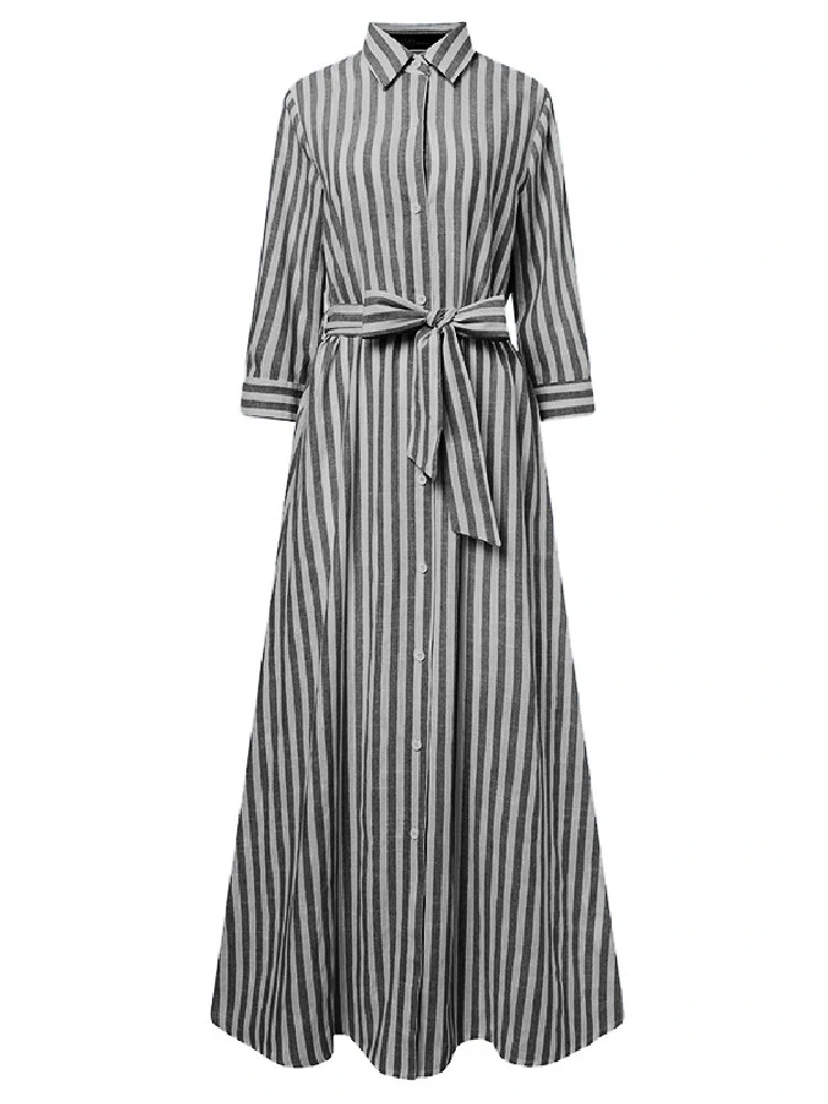 (image for)  Women 100% Cotton Classical Striped Print Lapel Button Front Lace-Up Casual Shirt Dress