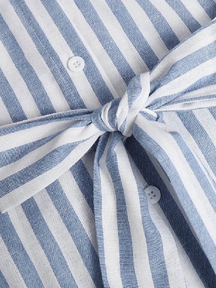 (image for)  Women 100% Cotton Classical Striped Print Lapel Button Front Lace-Up Casual Shirt Dress