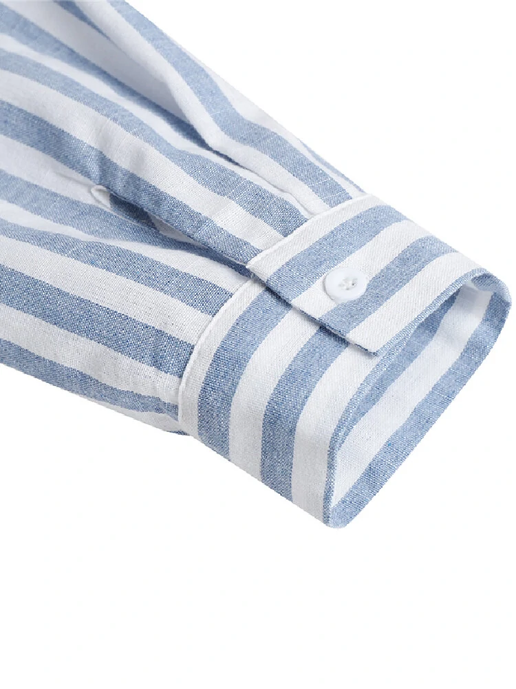 (image for)  Women 100% Cotton Classical Striped Print Lapel Button Front Lace-Up Casual Shirt Dress