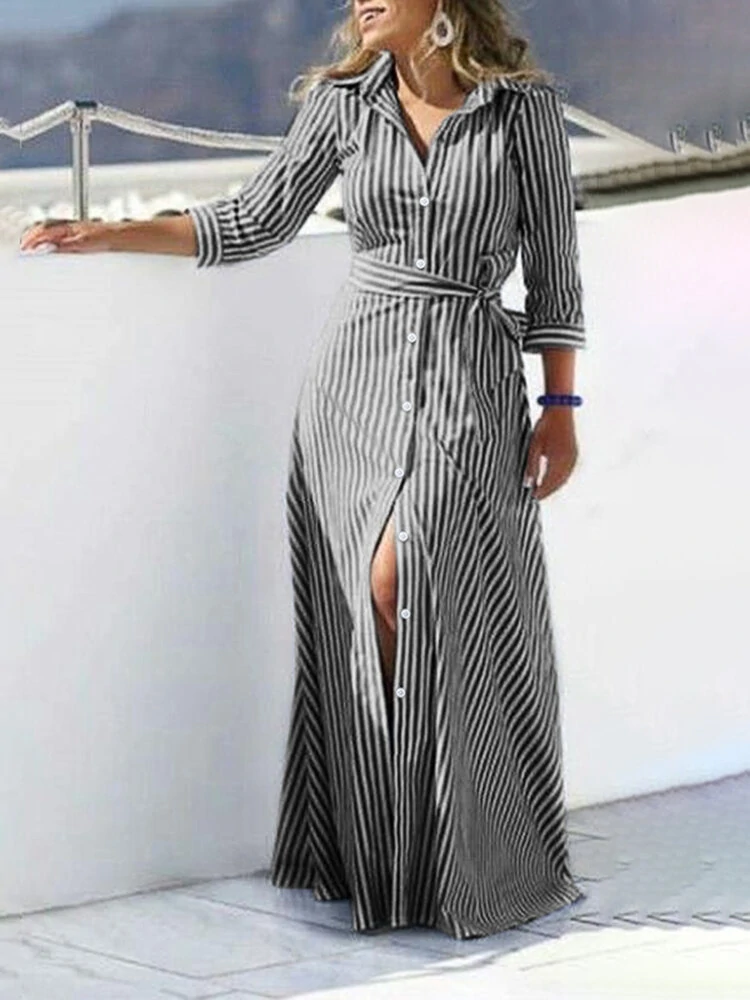 (image for)  Women 100% Cotton Classical Striped Print Lapel Button Front Lace-Up Casual Shirt Dress