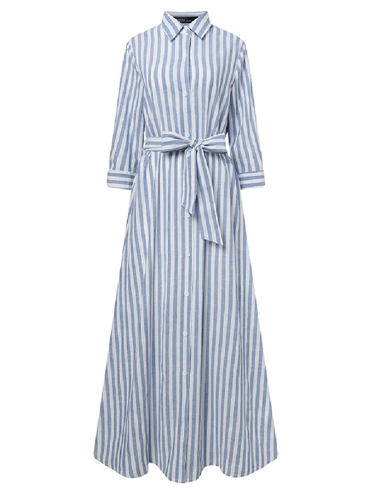 (image for)  Women 100% Cotton Classical Striped Print Lapel Button Front Lace-Up Casual Shirt Dress