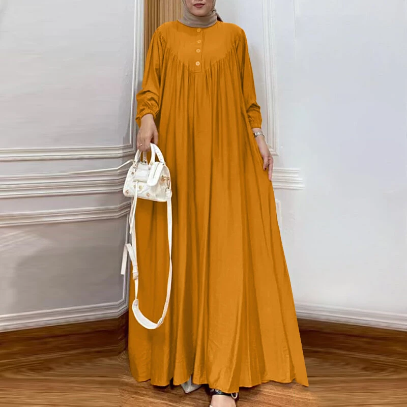 (image for)  Women Abaya Casual Maxi A-Line Sundress Kaftans Lantern Sleeve O-Neck Plain Dress