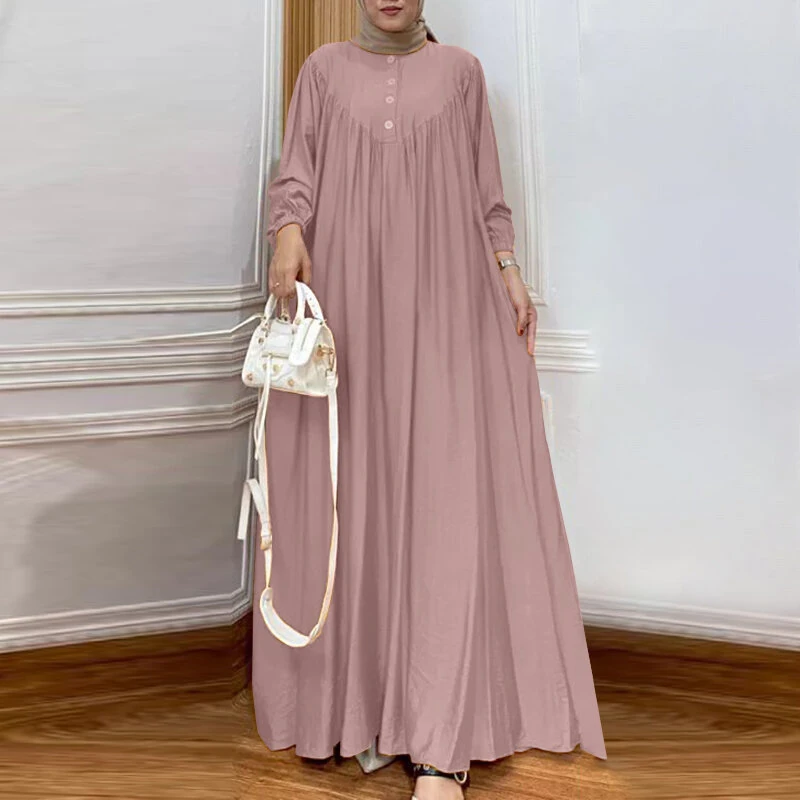 (image for)  Women Abaya Casual Maxi A-Line Sundress Kaftans Lantern Sleeve O-Neck Plain Dress