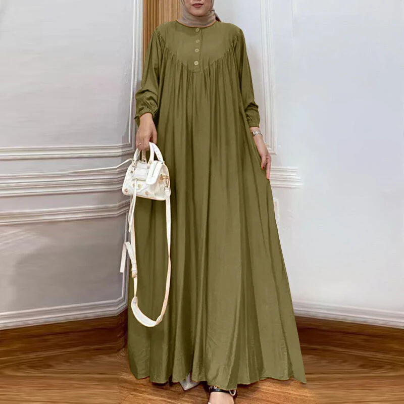 (image for)  Women Abaya Casual Maxi A-Line Sundress Kaftans Lantern Sleeve O-Neck Plain Dress