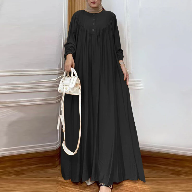 (image for)  Women Abaya Casual Maxi A-Line Sundress Kaftans Lantern Sleeve O-Neck Plain Dress
