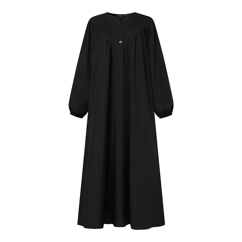 (image for)  Women Abaya Casual Maxi A-Line Sundress Kaftans Lantern Sleeve O-Neck Plain Dress
