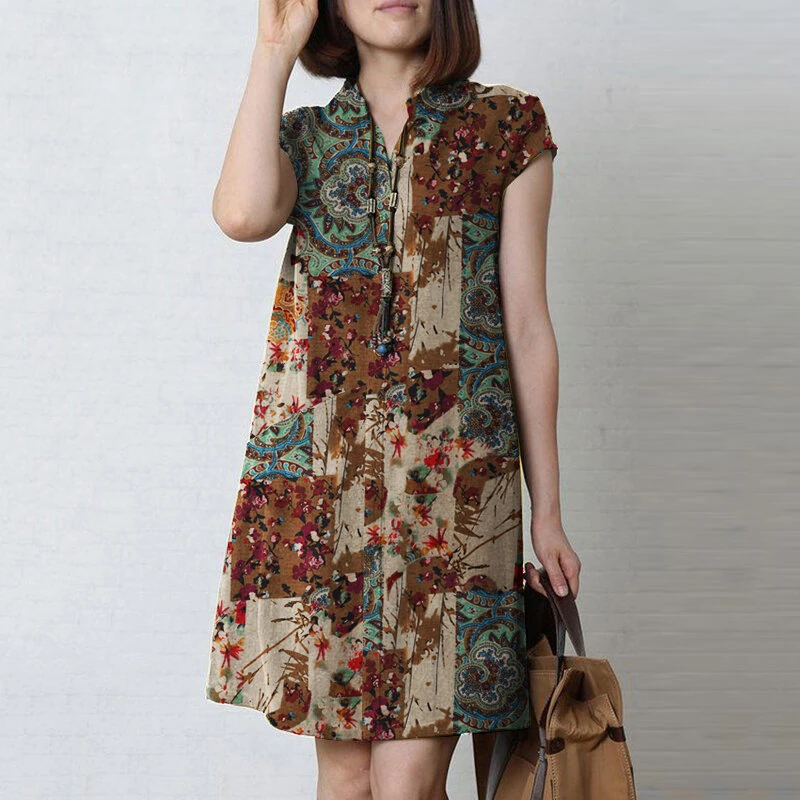 (image for)  Women Bohemian Floral Printed V-Neck Cotton Dress Holiday Casual Short Sleeve Sundress