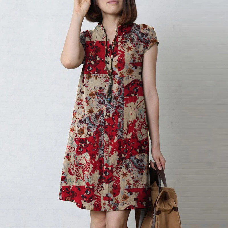 (image for)  Women Bohemian Floral Printed V-Neck Cotton Dress Holiday Casual Short Sleeve Sundress