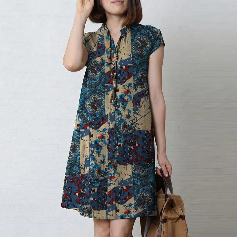 (image for)  Women Bohemian Floral Printed V-Neck Cotton Dress Holiday Casual Short Sleeve Sundress