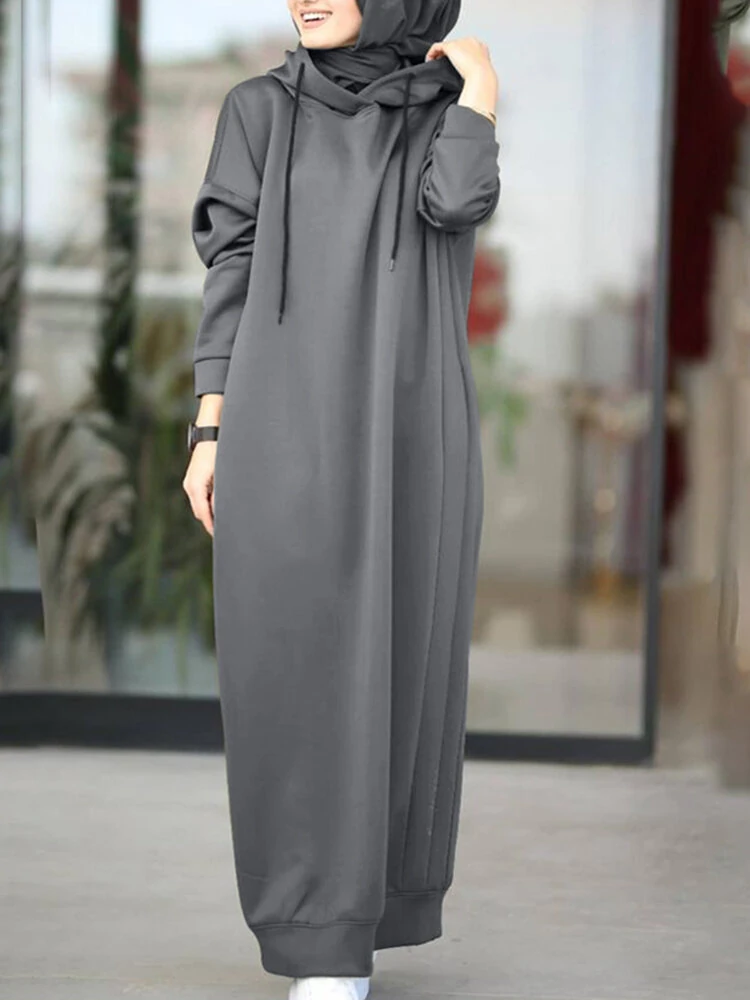 (image for)  Women Brief Style Solid Color Drawstring Hooded Casual Dress With Pocket