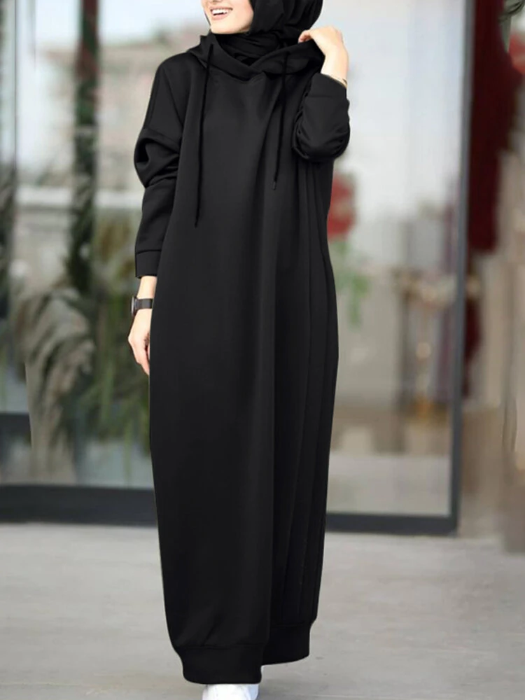 (image for)  Women Brief Style Solid Color Drawstring Hooded Casual Dress With Pocket