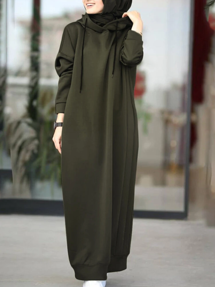 (image for)  Women Brief Style Solid Color Drawstring Hooded Casual Dress With Pocket