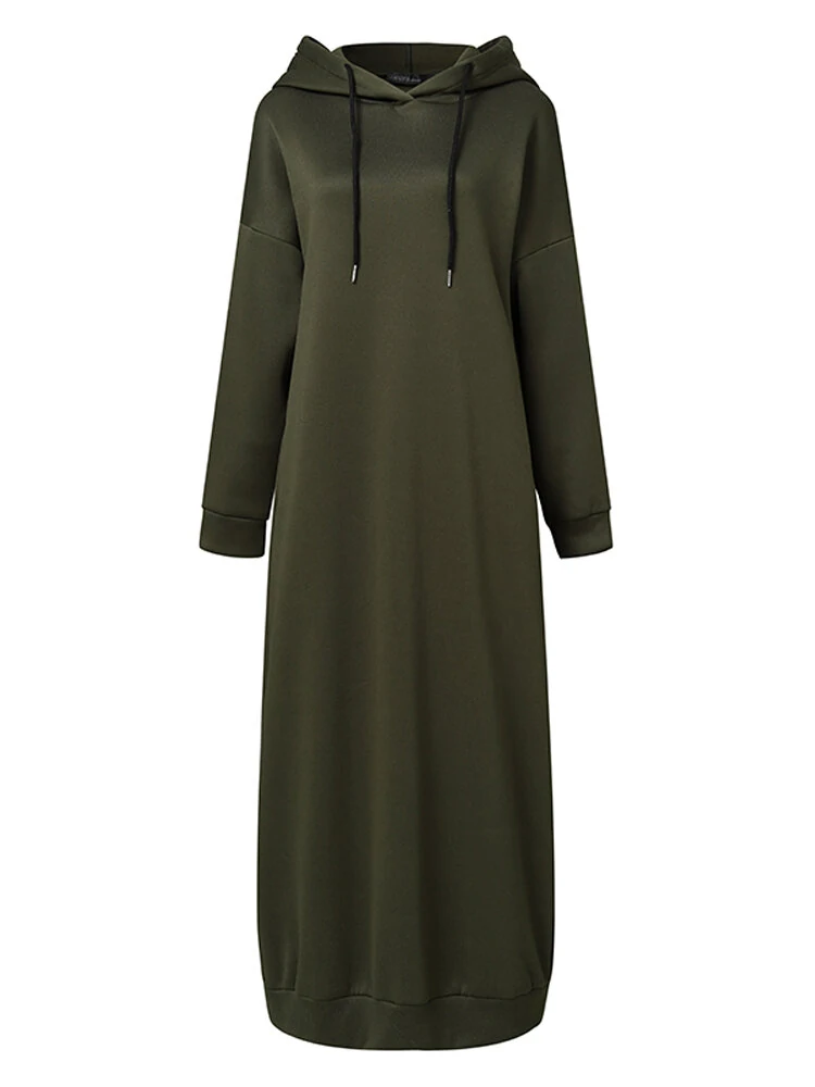 (image for)  Women Brief Style Solid Color Drawstring Hooded Casual Dress With Pocket