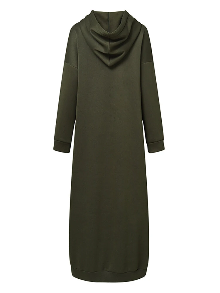 (image for)  Women Brief Style Solid Color Drawstring Hooded Casual Dress With Pocket