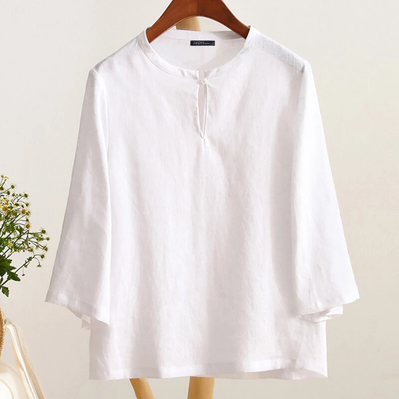 (image for)  Women Button Summer O-Neck 3/4 Sleeve Solid Blouses Casual Cotton Linen Shirts for Women Loose Fit
