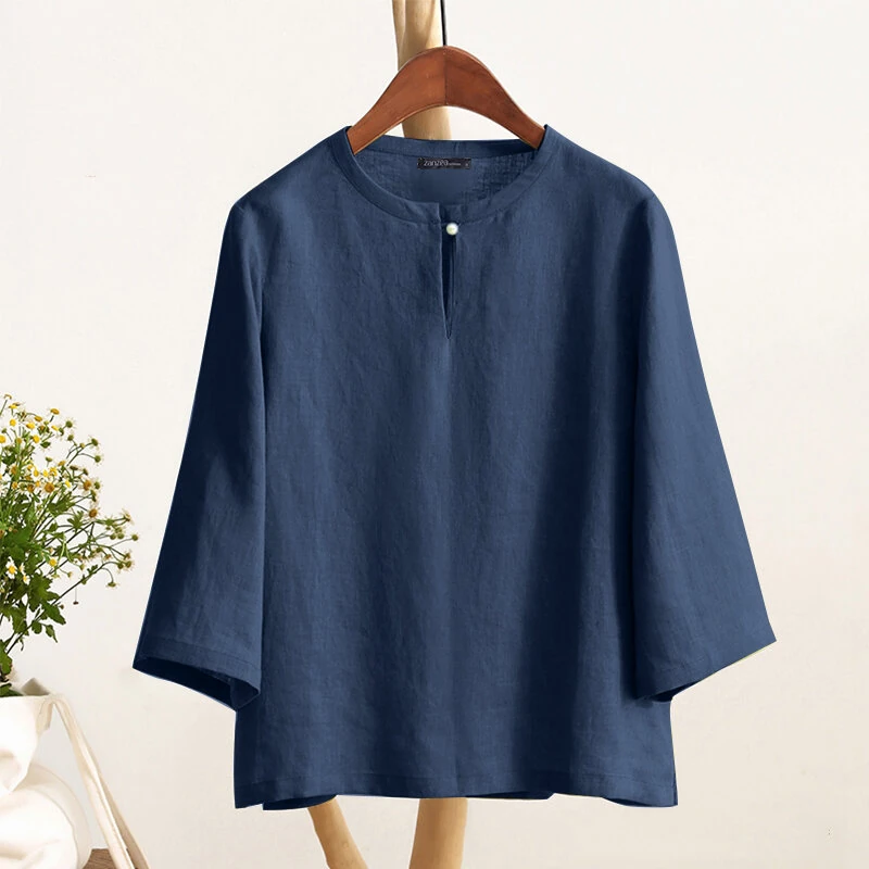 (image for)  Women Button Summer O-Neck 3/4 Sleeve Solid Blouses Casual Cotton Linen Shirts for Women Loose Fit