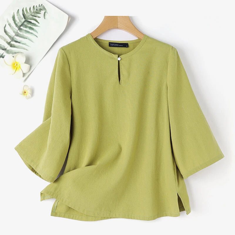 (image for)  Women Button Summer O-Neck 3/4 Sleeve Solid Blouses Casual Cotton Linen Shirts for Women Loose Fit