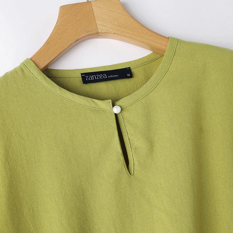 (image for)  Women Button Summer O-Neck 3/4 Sleeve Solid Blouses Casual Cotton Linen Shirts for Women Loose Fit