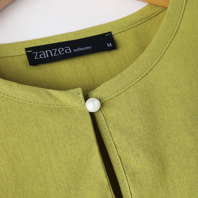 (image for)  Women Button Summer O-Neck 3/4 Sleeve Solid Blouses Casual Cotton Linen Shirts for Women Loose Fit