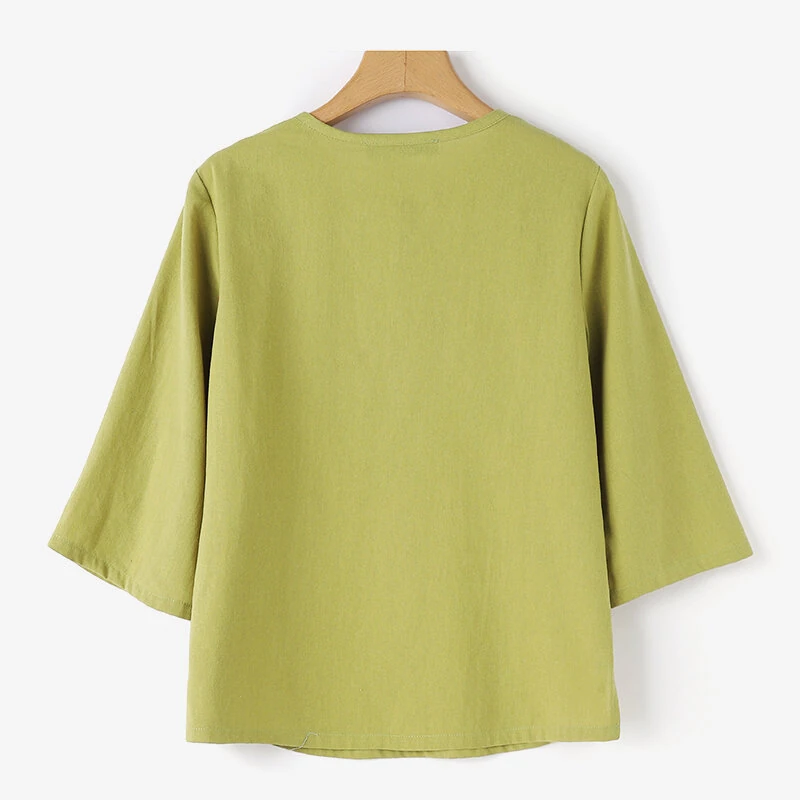 (image for)  Women Button Summer O-Neck 3/4 Sleeve Solid Blouses Casual Cotton Linen Shirts for Women Loose Fit
