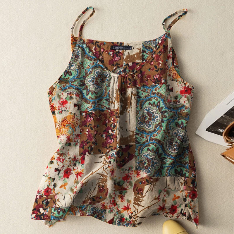 (image for)  Women Camisole Tanks Top Ladies Cotton Linen Print Vest Sleeveless Undershirt Large Size Linen Loose Tanks