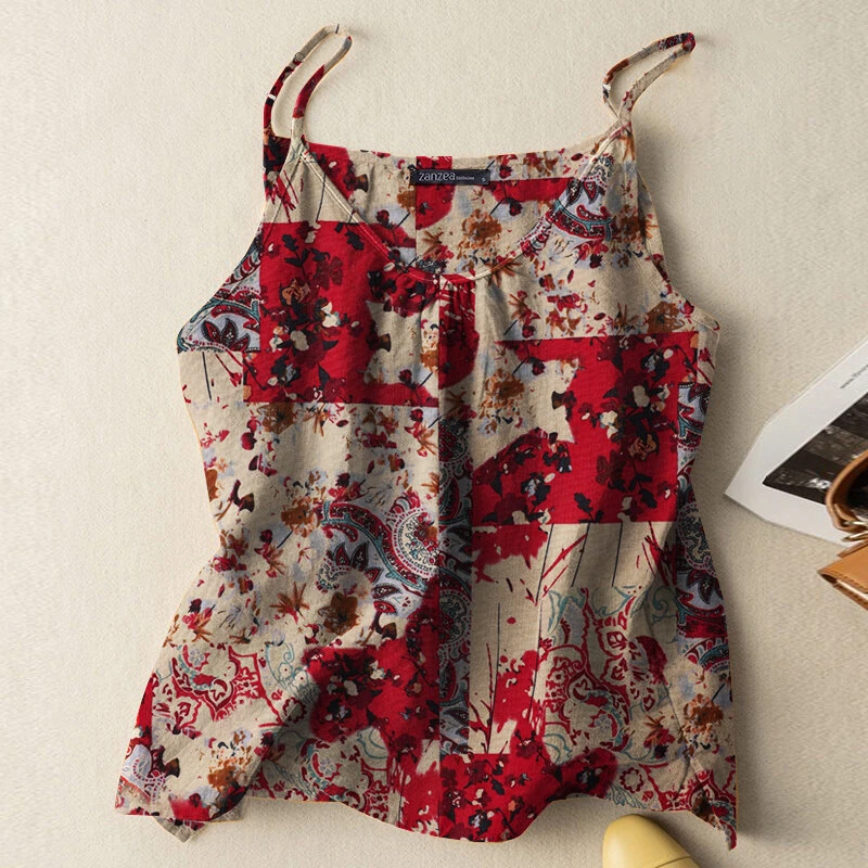 (image for)  Women Camisole Tanks Top Ladies Cotton Linen Print Vest Sleeveless Undershirt Large Size Linen Loose Tanks
