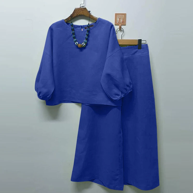 (image for)  Women Casual Solid Top Pant Sets Spring Summer Puff Sleeve Top Wide Leg Trouser 2pcs Outfits Daily 2 Pieces Womens Suits 5XL Autumn