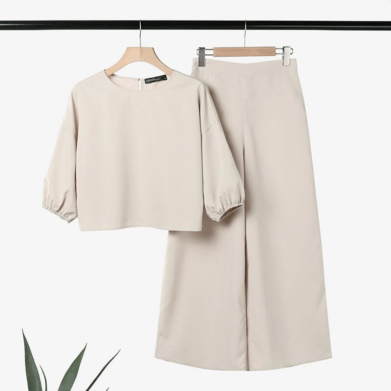 (image for)  Women Casual Solid Top Pant Sets Spring Summer Puff Sleeve Top Wide Leg Trouser 2pcs Outfits Daily 2 Pieces Womens Suits 5XL Autumn