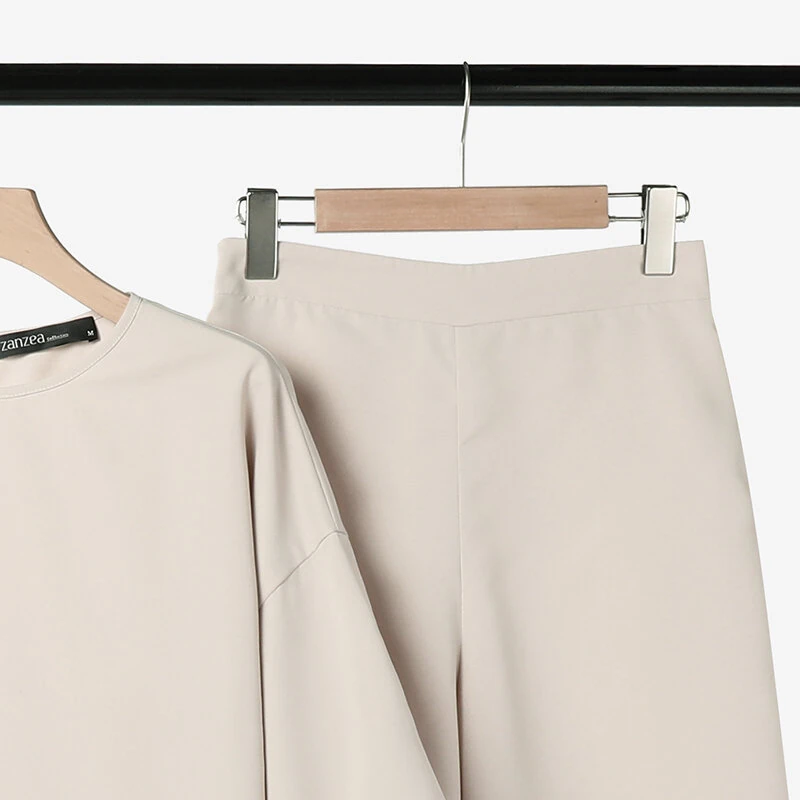 (image for)  Women Casual Solid Top Pant Sets Spring Summer Puff Sleeve Top Wide Leg Trouser 2pcs Outfits Daily 2 Pieces Womens Suits 5XL Autumn