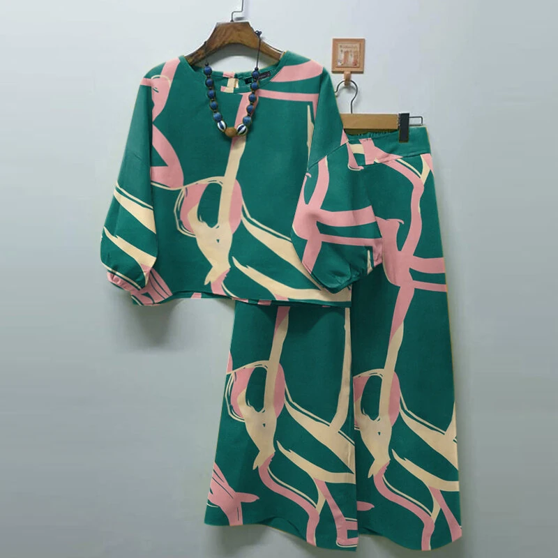 (image for)  Women Casual Solid Top Pant Sets Spring Summer Puff Sleeve Top Wide Leg Trouser 2pcs Outfits Daily 2 Pieces Womens Suits 5XL Autumn