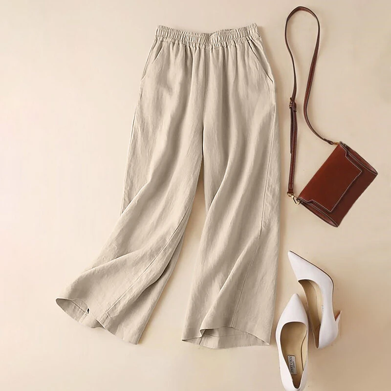 (image for)  Women Cotton Elastic Waist Solid Color Long Pants Casual Loose Straight Trousers