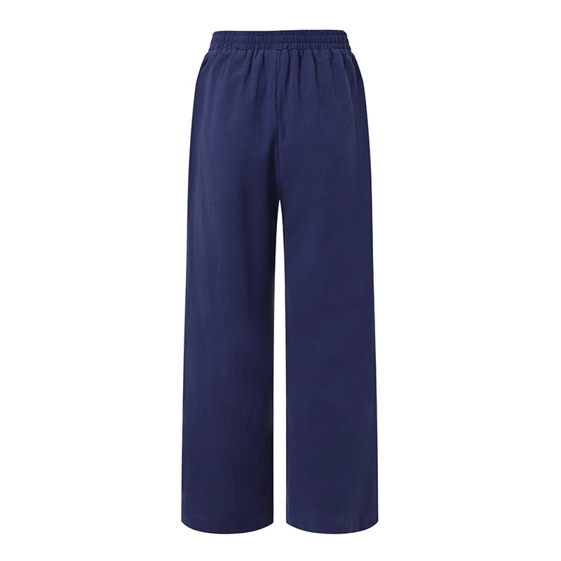 (image for)  Women Cotton Elastic Waist Solid Color Long Pants Casual Loose Straight Trousers
