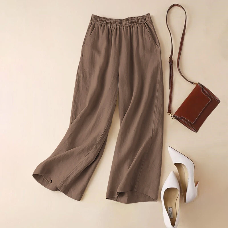(image for)  Women Cotton Elastic Waist Solid Color Long Pants Casual Loose Straight Trousers