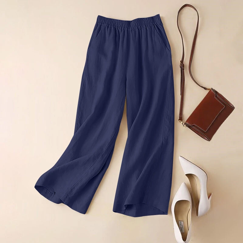 (image for)  Women Cotton Elastic Waist Solid Color Long Pants Casual Loose Straight Trousers