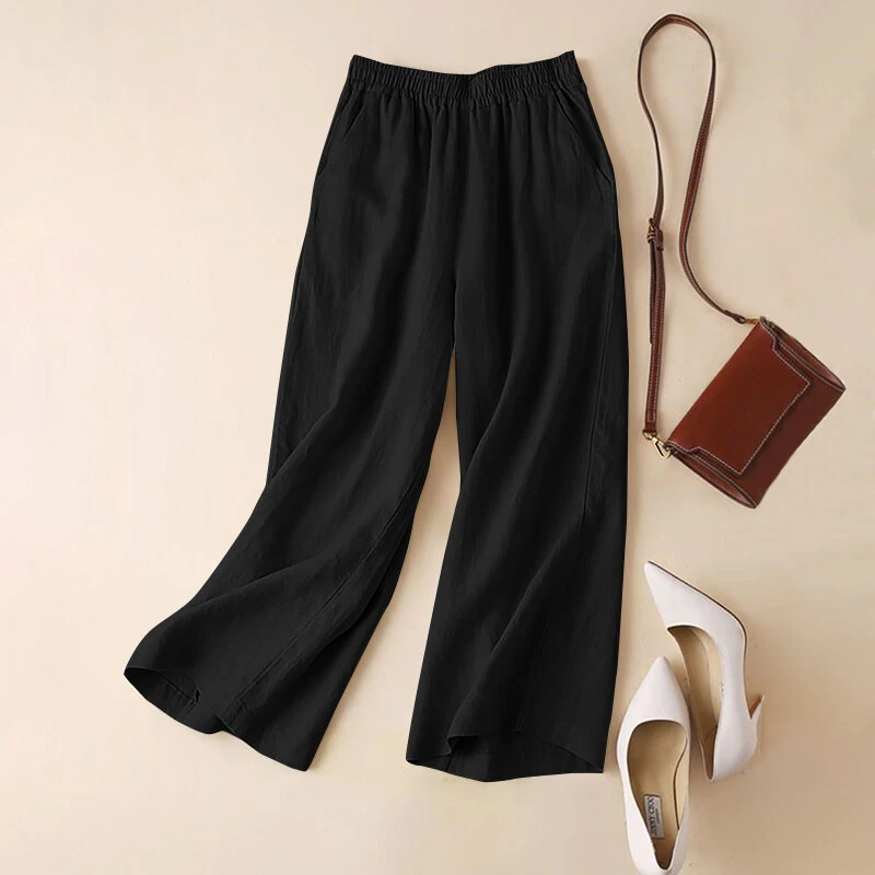 (image for)  Women Cotton Elastic Waist Solid Color Long Pants Casual Loose Straight Trousers