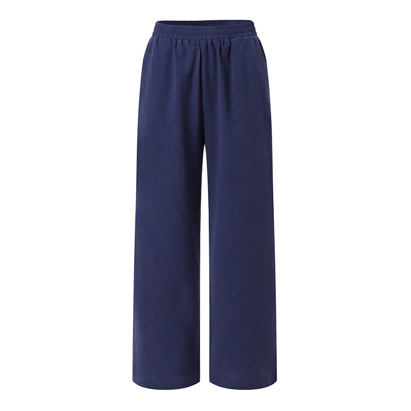 (image for)  Women Cotton Elastic Waist Solid Color Long Pants Casual Loose Straight Trousers