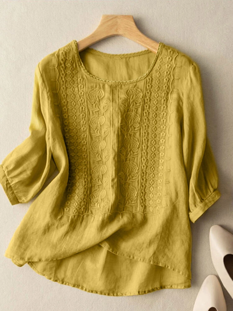 (image for)  Women Daily Casual 3/4 Length Sleeve Blouses Solod Color Shirts