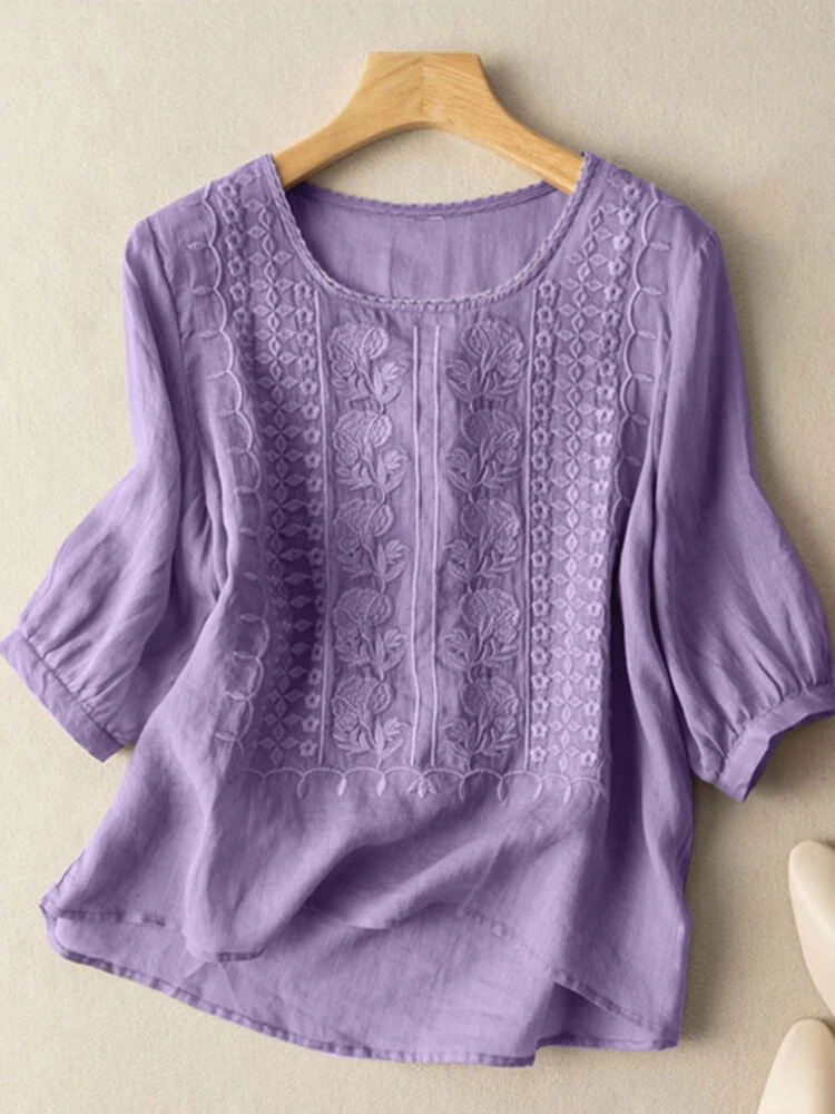 (image for)  Women Daily Casual 3/4 Length Sleeve Blouses Solod Color Shirts
