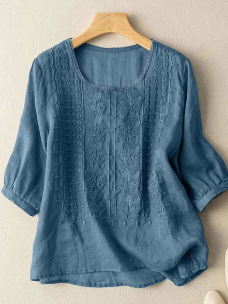 (image for)  Women Daily Casual 3/4 Length Sleeve Blouses Solod Color Shirts