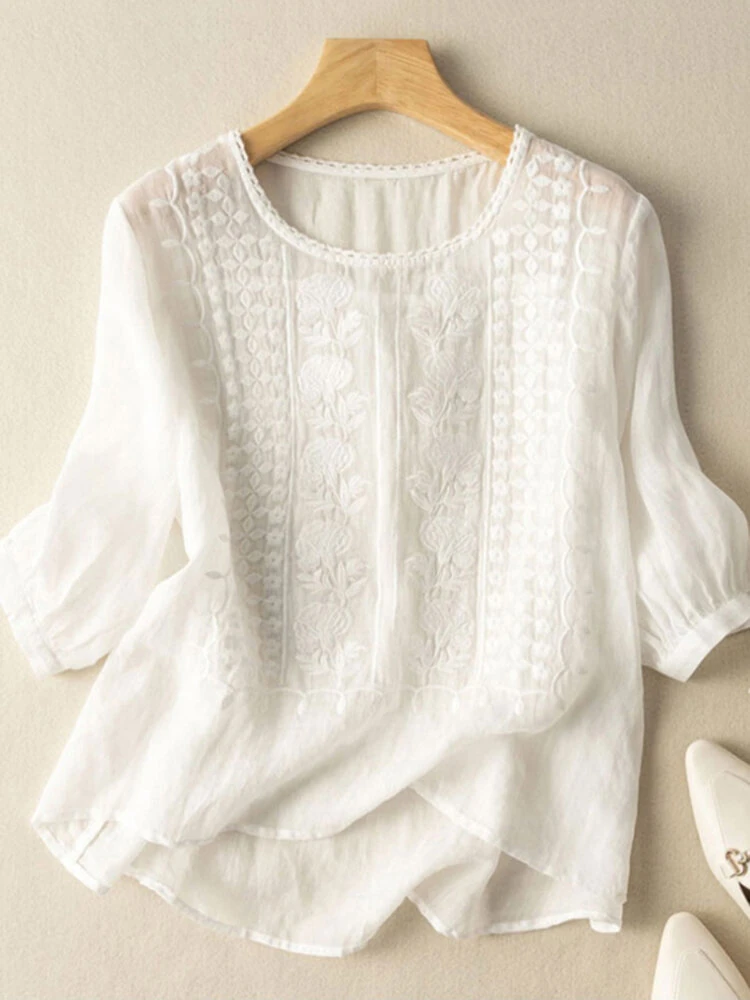 (image for)  Women Daily Casual 3/4 Length Sleeve Blouses Solod Color Shirts