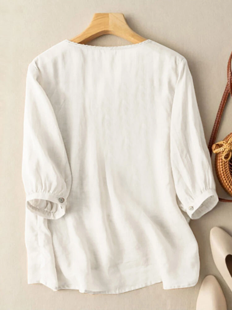 (image for)  Women Daily Casual 3/4 Length Sleeve Blouses Solod Color Shirts