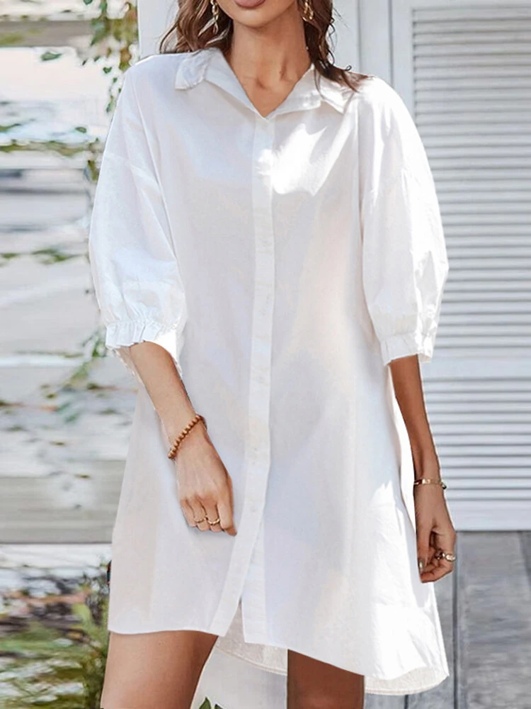 (image for)  Women Daily Casual 3/4 Length Sleeve Solid Color Shirt Dresses