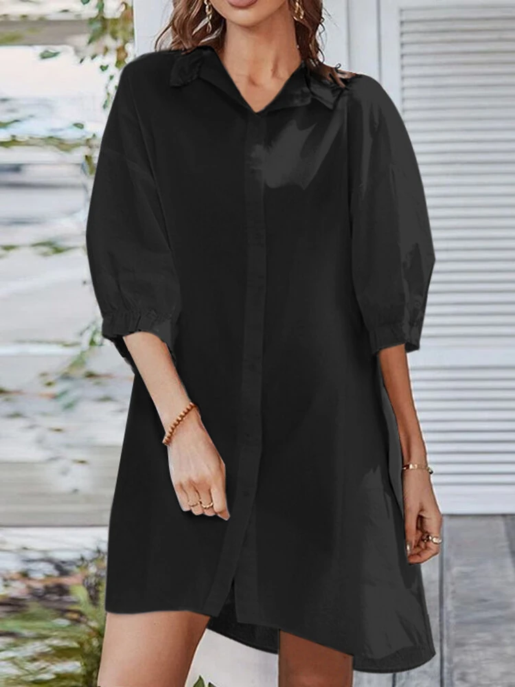 (image for)  Women Daily Casual 3/4 Length Sleeve Solid Color Shirt Dresses
