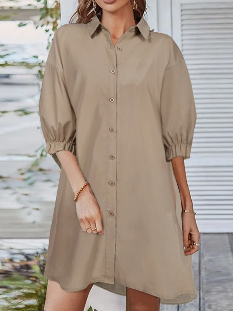(image for)  Women Daily Casual 3/4 Length Sleeve Solid Color Shirt Dresses