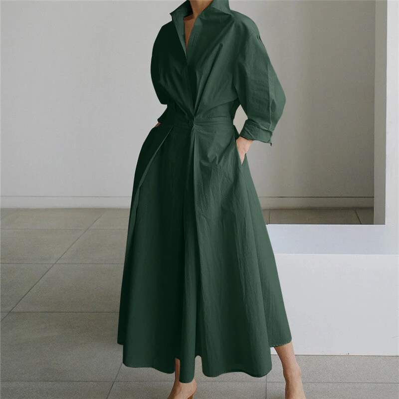 (image for)  Women Fashion Autumn Sundress Elegant Women Lapel Neck Long Sleeve Solid OL Vestidos Robe Femme Long Shirt Dress Oversized